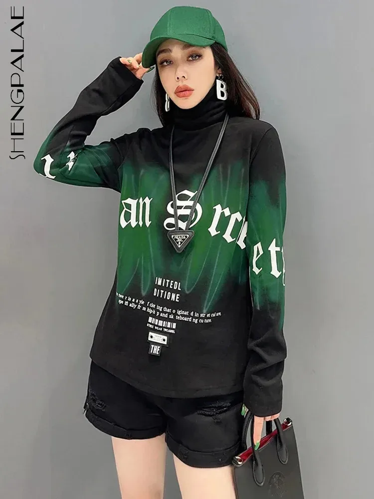 

SHENGPALAE Letter Printed T-shirt For Women Spring Fashion Turtleneck Contrast Color Versatile Tees Tops Female 2024 New 5R8177