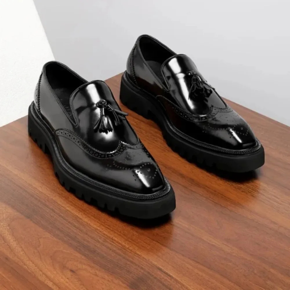 2026 Mens Genuine Leather Loafers Summer Slip On Breathable Thick Sole Brogue Tassel Casual Dress Shoes