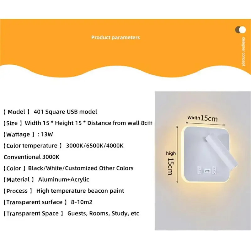 Bedside Wall Lamp, LED Wall Light, Wall Mounted Reading Light with Switch and USB Port, Rotatable Wall Sconce Wall Spotlight