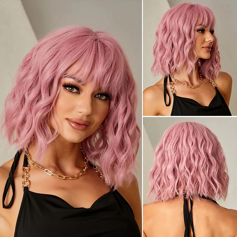 Pink BOB Costume Wigs Short Natural Wave Hair Synthetic Wig For Women Party Daily High Density Heat Resistant Hair Wigs