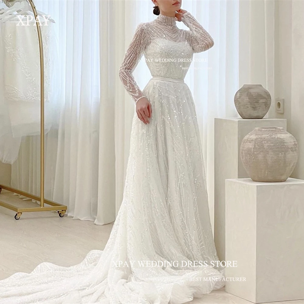 XPAY Sparkly A Line Lace Wedding Dresses Long Sleeves High Neck Glitter Luxury Dubai Arabic Women Bridal Gowns Vestido de noiva