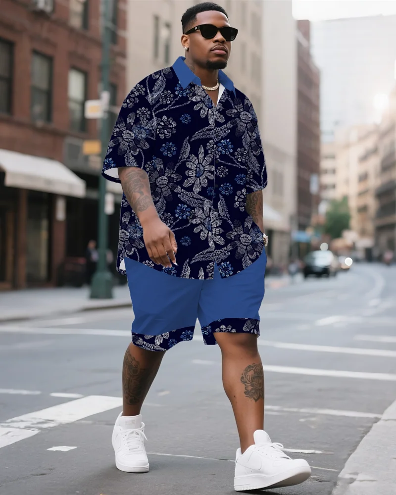 

S-9XL Мужская рубашка большого размера с ретро-узором, шорты с короткими рукавами, комплект из двух предметов