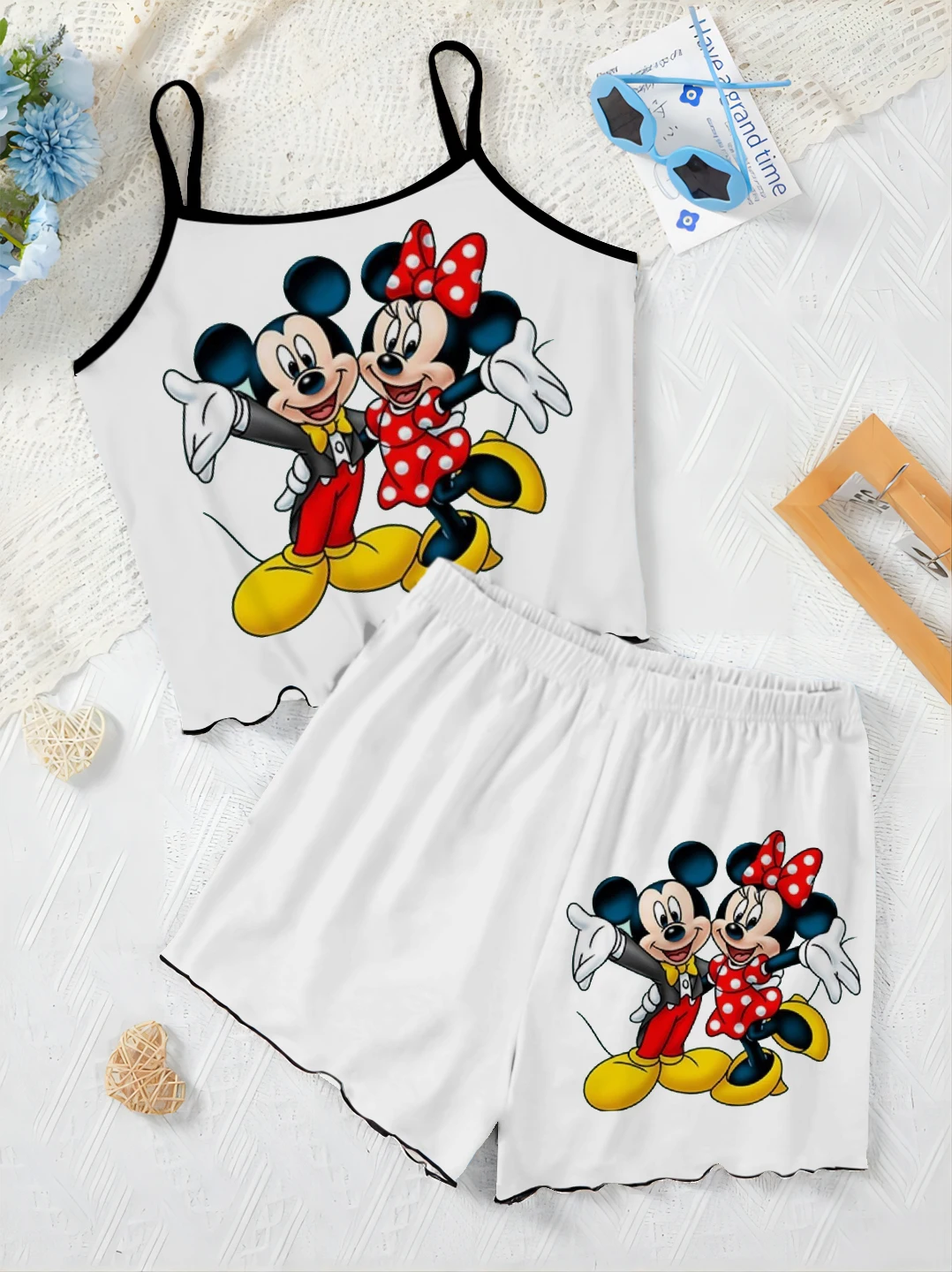 Mickey Women's Suit Disney Minnie Mouse Home Dress Top T-shirt Short Sets Lettuce Trim Pajama Skirt Pieces Elegant Disney Mickey