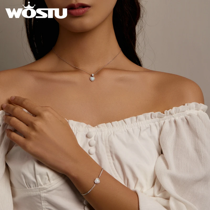 WOSTU 925 Sterling Silver Love Heart Fire Opal Charm Bracelet Chain Necklace for Women Sterling Silver Jewelry Wedding Gift