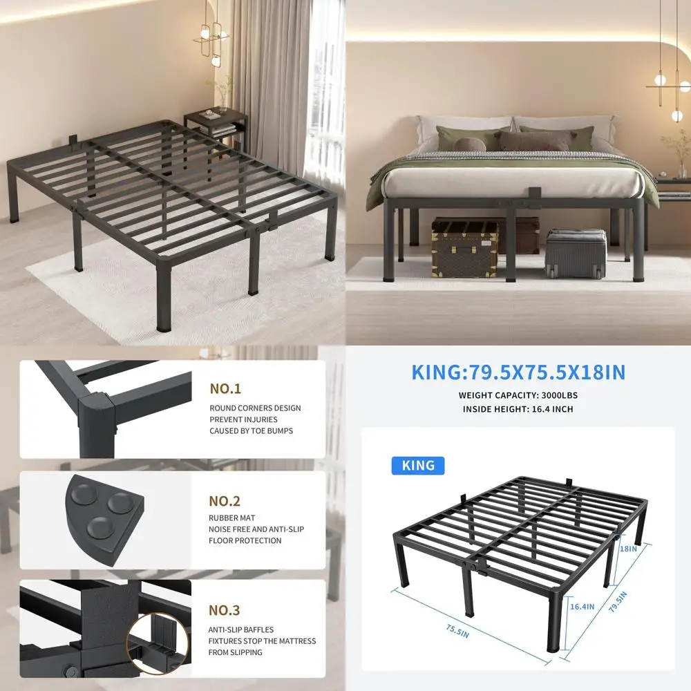 

King Size Metal Platform Bed Frame with 18 Inch Mattress Support, Round Corner Legs, and Slide Stoppers - No Box Spring Required