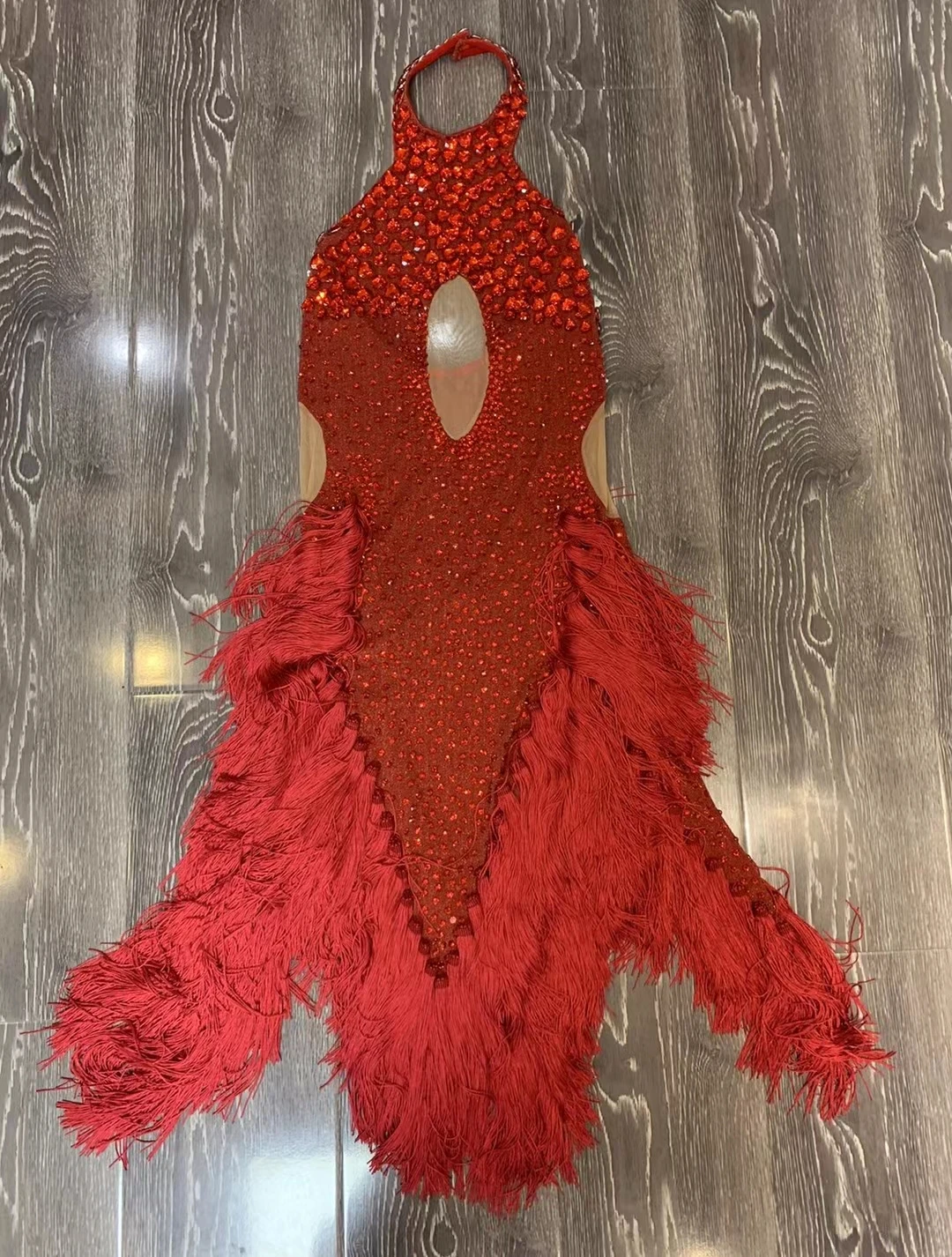 Robe Latine à Franges avec Strass Rouges pour Femme, Costume de Pôle brev, Tenue de Performance sur Scène, Concours, DJ, Discothèque, A244