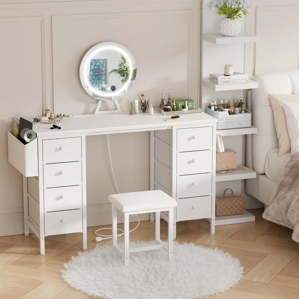 مكتب زينة أبيض مع مرآة وإضاءة - طاولة طقم مكياج مع كرسي، تخزين، مرآة مضاءة، 8 أدراج قماش كبيرة وP