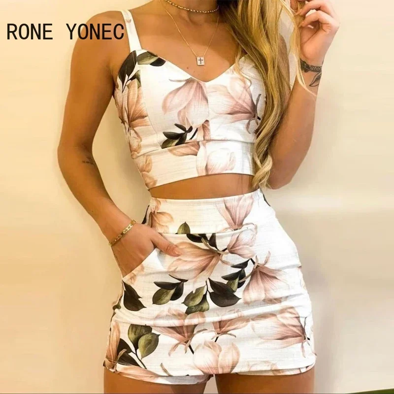 Women Sexy Chic Cami Sleeveless All Over Print Floral Pattern Summer Bodycon Mini Skirt Short Sets