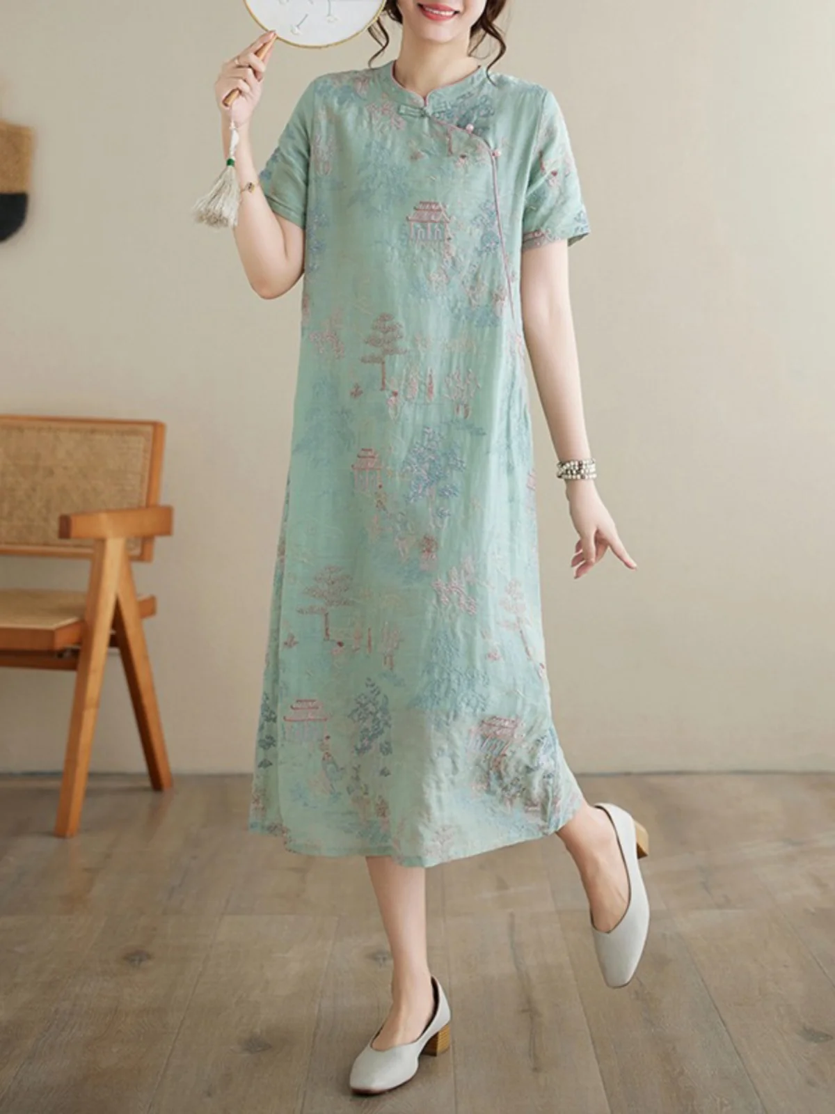 ชุดกี่เพ้าสไตล์จีนโบราณ ปักลายหนัก งานประณีต กระโปรงยาวทรงหลวม ผ้าฝ้ายบางเบาสำหรับฤดูร้อน หรือชุดเดรสยาว