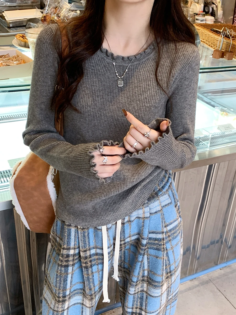 니트 스웨터 여성 풀오버 신상 긴 소매 러플 칼라 니트 스웨터 풀오버 여성 탑스 스웨터 여성용 스웨터 Q823