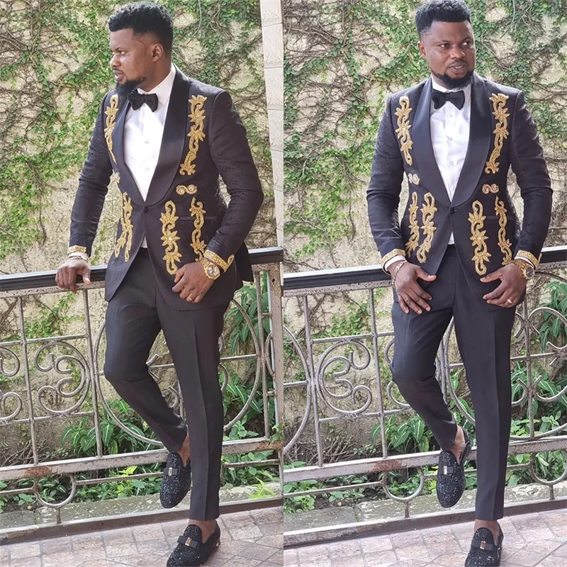 Formal Men Suits Set Blazer+Pants Luxury Gold Appliqued 2 Pcs Wedding Tuxedo Custom Made Black Prom Dress Party Jacket Coat