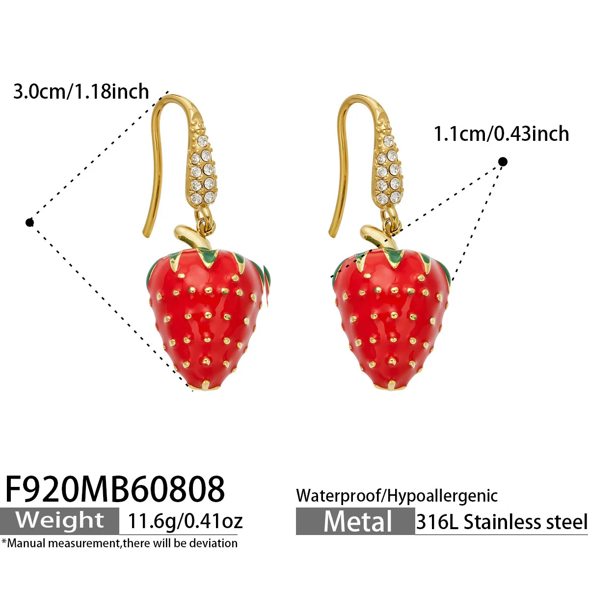 Erdbeer-Ohrringe für Frauen, Rote Emaille-Frucht-Ohrringe, Edelstahl-Hängeohrringe, 18k Vergoldete Zirkon-Ohrringe – Detail 6
