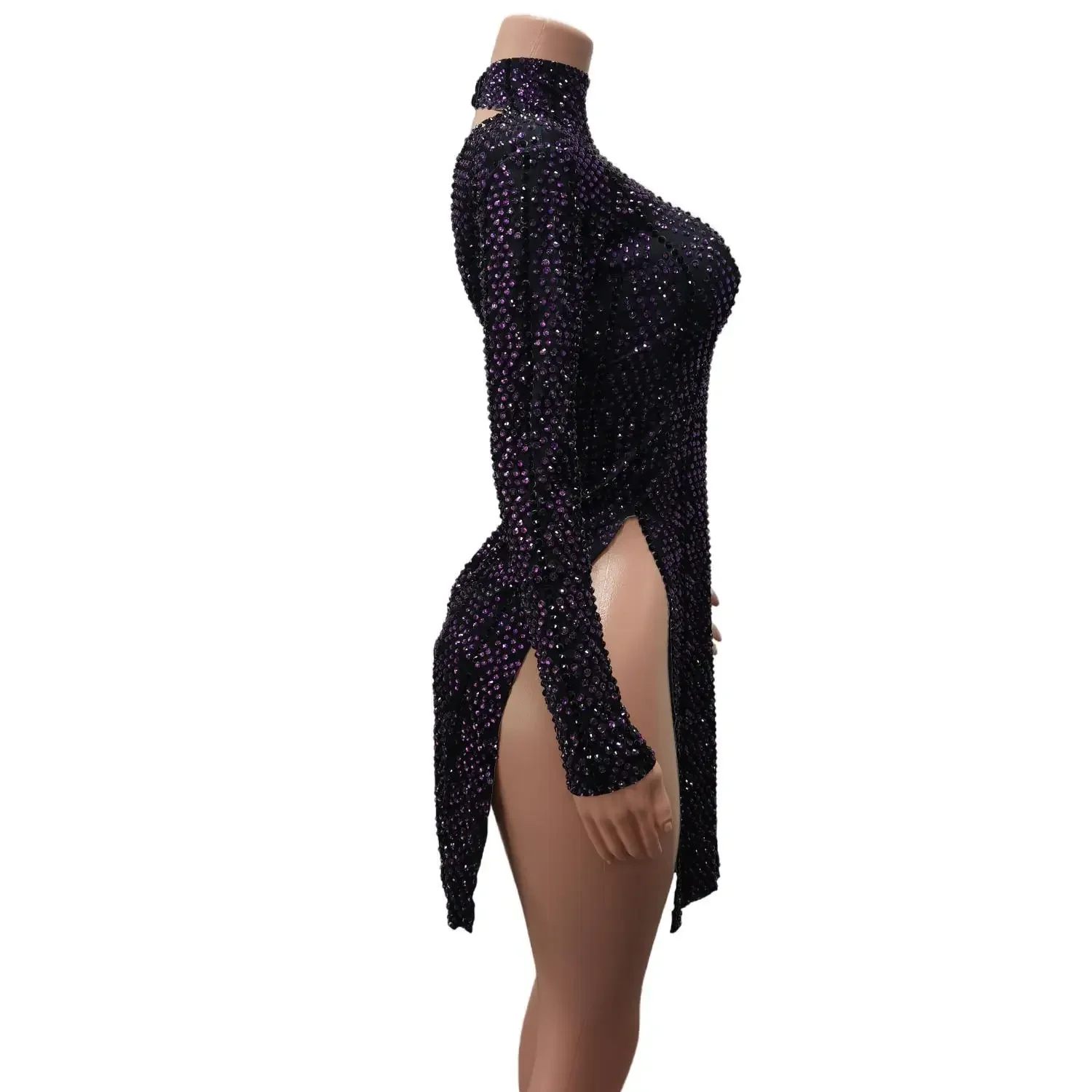 Sexy Black Long Sleeve Leotard Pole Dance Performance Costume Nightclub Party Bodycon Romper Women Rhinestone Glitter Jumpsuits