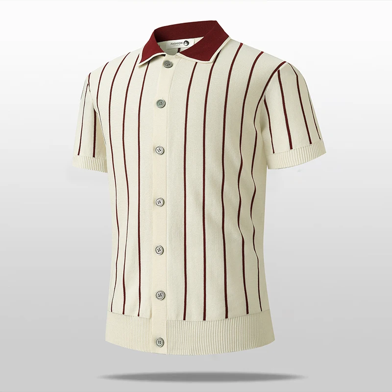 

Men New Ice Silk Polo Shirt Men Contrast Stripe Lapel Knitted Cardigan Men Summer Short Sleeve Casual Polo Shirts Breathable Top