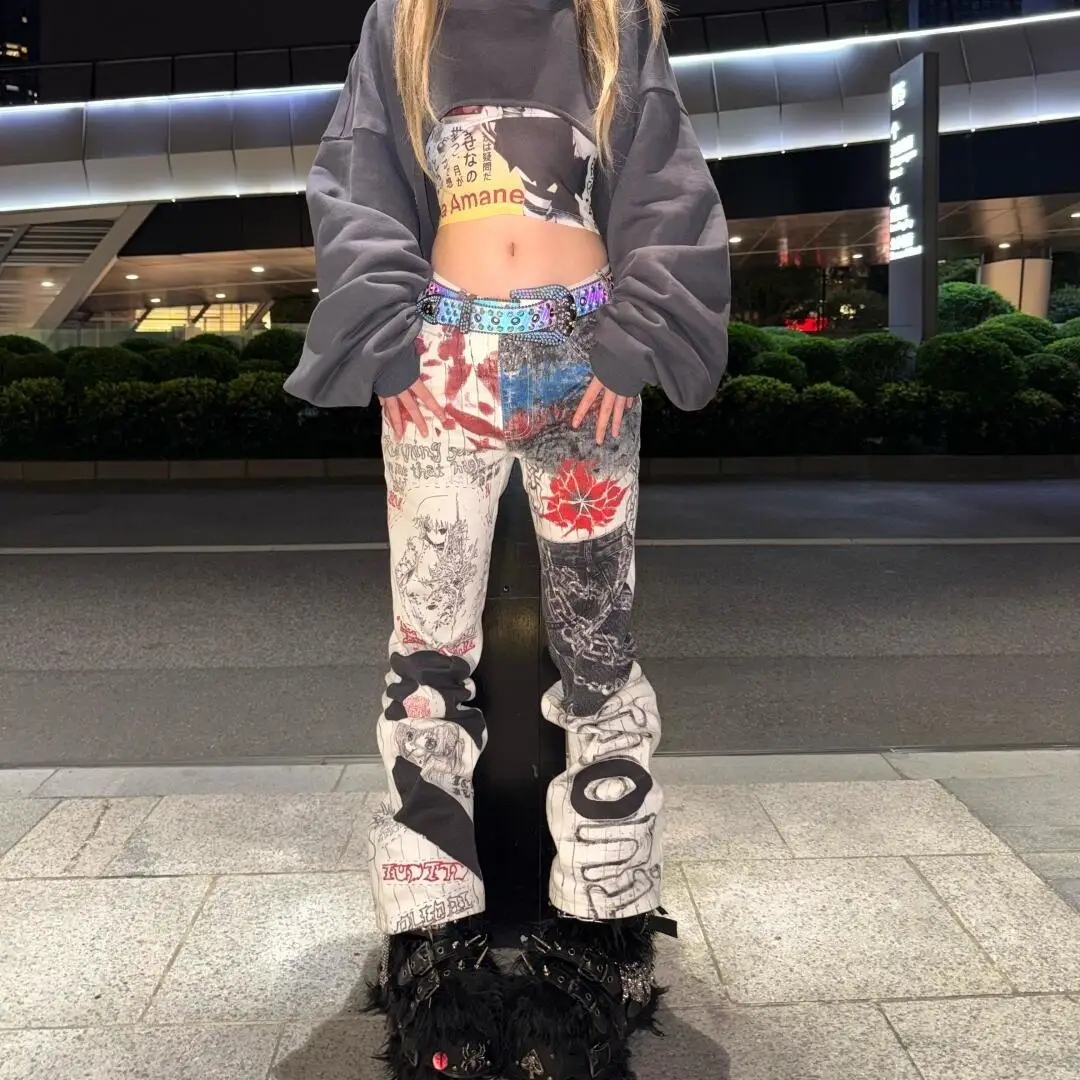 

Autumn Women Vintage Graffiti Print Y2k Cargo Jeans American Retro Baggy Harajuku Denim Trousers Japanese Streetwear 2000s Pants