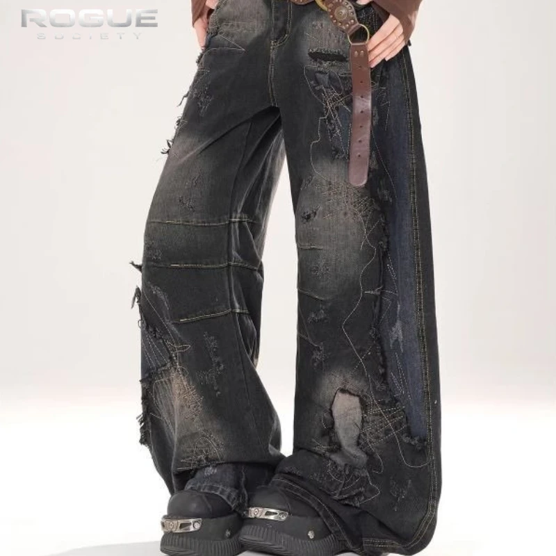 

New Hip Hop Grunge Distressed Washed Wide Leg Jeans Men Low Waist Loose Patchwork Curved Denim Pants Streetwear Harajuku Unisex