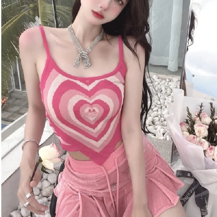 Top Curto de Malha com Estampa de Coração Rosa Choque, Colete Irregular com Alças, Estilo Verão Pure Desire para o Dia a Dia