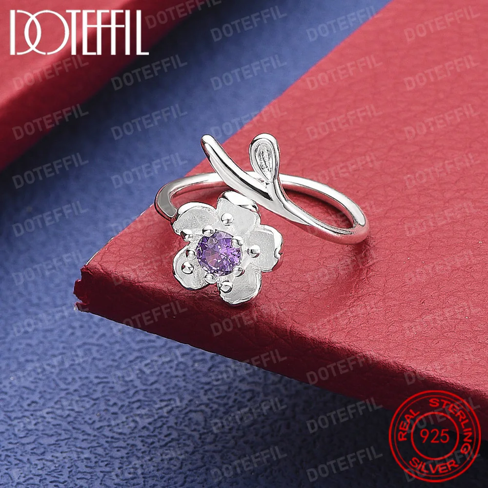 

925 Sterling Silver Ring with Shiny White/Pink/Purple Crystal Floral Design Jewelry Accessory