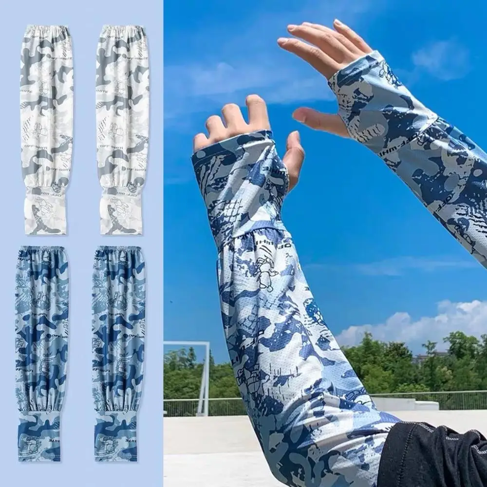 HOT Camouflage พิมพ์ผ้าไหมน้ําแข็งแขนแขน Anti-UV Elastic Men Cool Muff ผู้ชายฤดูร้อนแขนป้องกันน้ําแข็งแขนกีฬาแขน