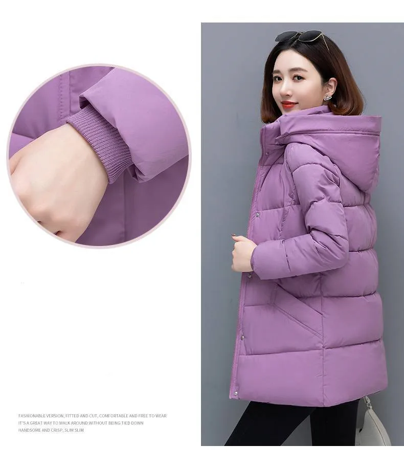 New Snow Wear Hooded Mid Length Down Cotton Coat Women\'s Loose Thickened Warm Parkas Middle Aged Mother Winter Wadded Jacket