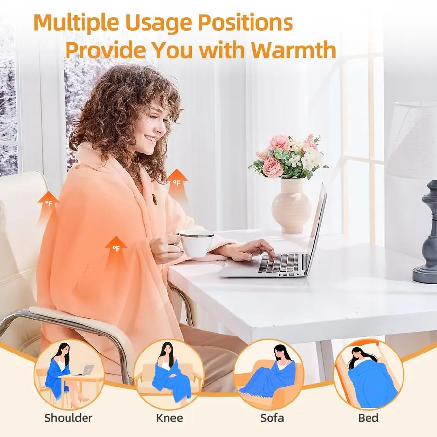 بطانية كهربائية ساخنة محمولة بمنفذ USB، بطانية رمي ساخنة لاسلكية للسفر، والتخييم، وسرير للنساء، 3 مستويات تسخين، حامل وردي