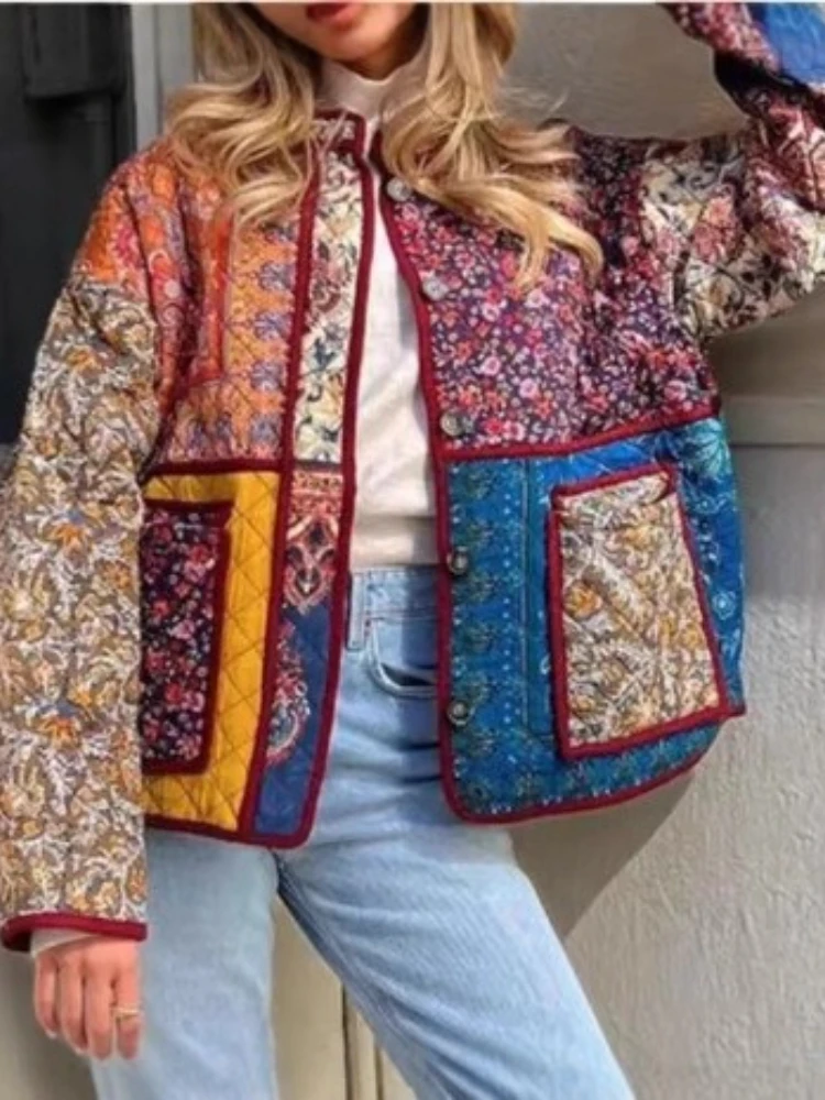 

Winter Warm Coat Casual Women Long Sleeves Lady Streetwear Vintage Cotton-padded Clothes Jacket Retro Floral Printing Patchwork