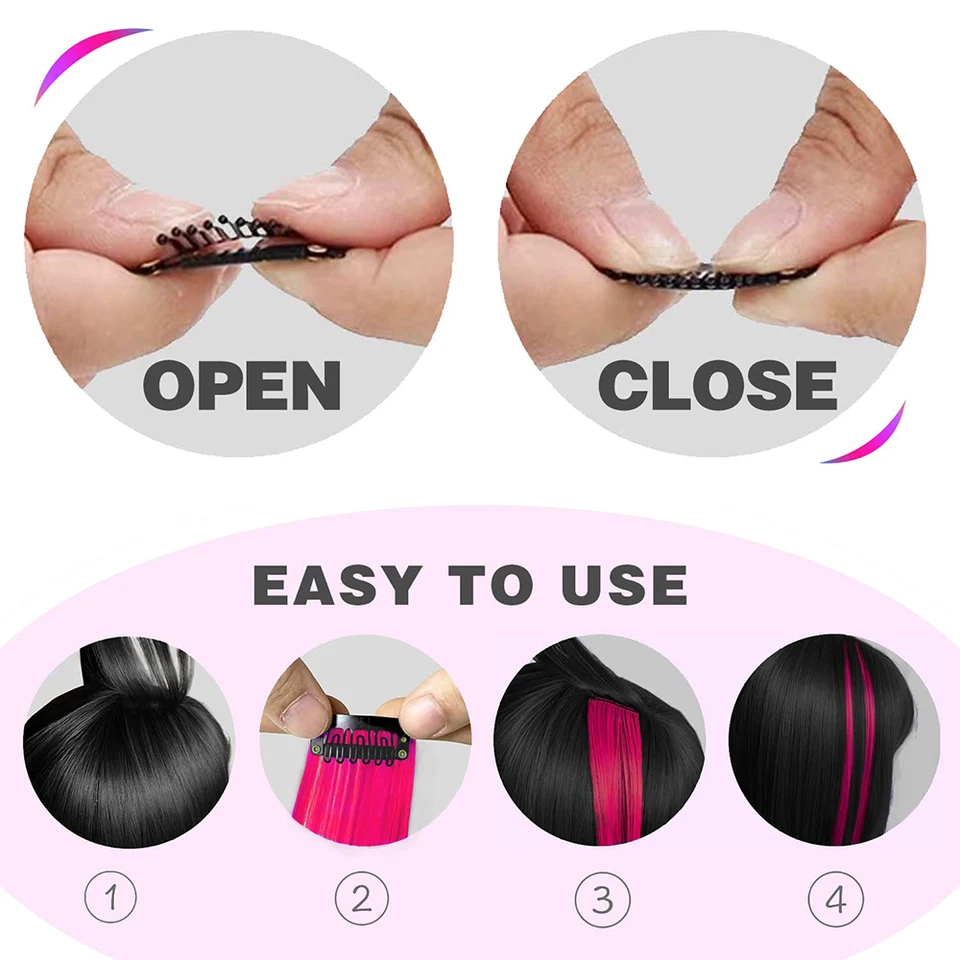 Paquete de 6 extensiones de cabello con clip para fiestas de colores para niñas, 22 pulgadas, multi colores, lacio, sintético 3