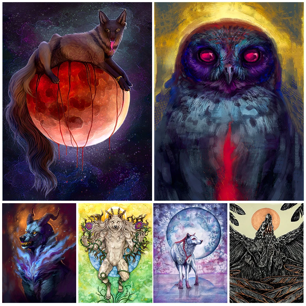 Blood Moon Demon Wolf Vintage Wall Art Cavnas Painting Mysterious Tiger And Owl Art Poster Print Dark Magic Animal Print Decor