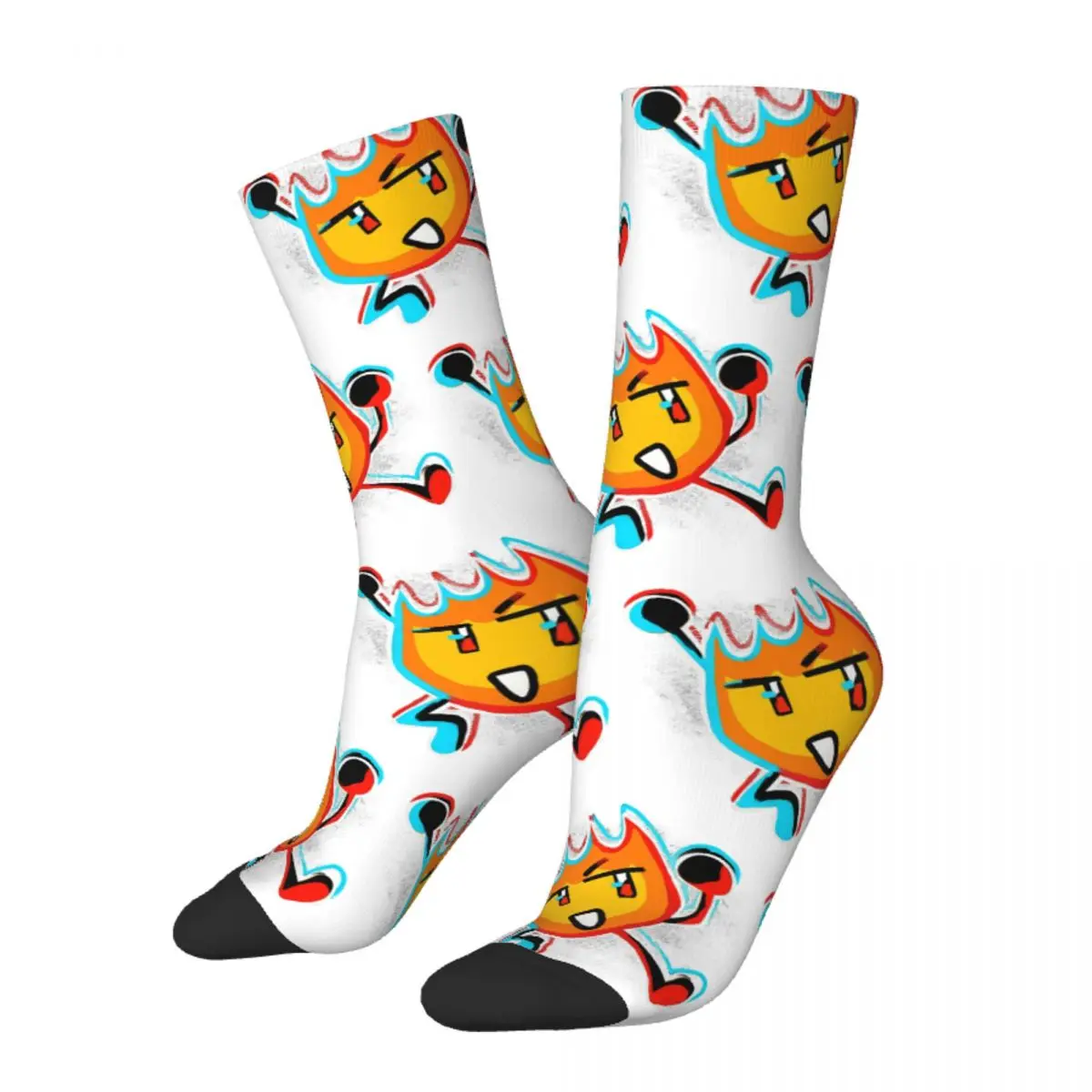 Funny Crazy Sock for Men Firey Comic Style Print Vintage Battle for Dream Island BFDI 4 and X Pattern Printed Boys Crew Sock