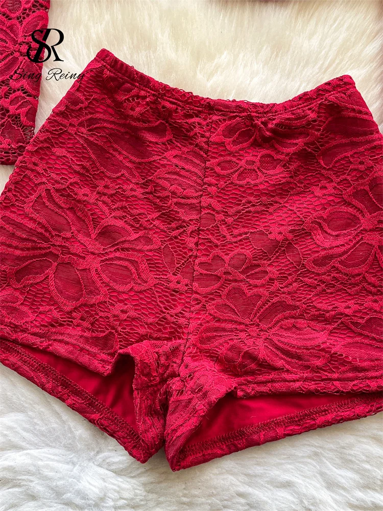 SINGREINY Embroidery Floral Lace Suits V Neck Shirring Flirty Tops+Bodycon Shorts Spring Feminine Chic Sheer Sexy 2 Pieces Sets - Image 5