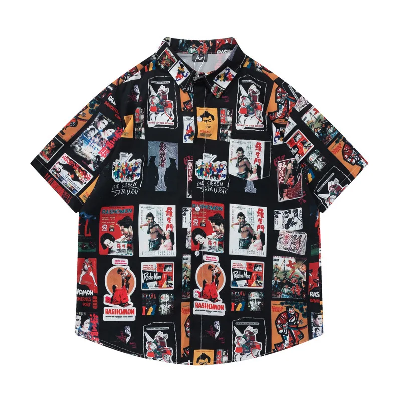 

Retro Print Characters Short Sleeve Flower Shirt Men 2024 Summer Street Relaxed Casual Bf Style Shirt