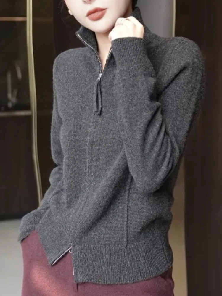 

Faionable Double Zipper Camere Knitwear Long Sve Women's Pure Color Casual Autumn Clothes Simple Match All-weather