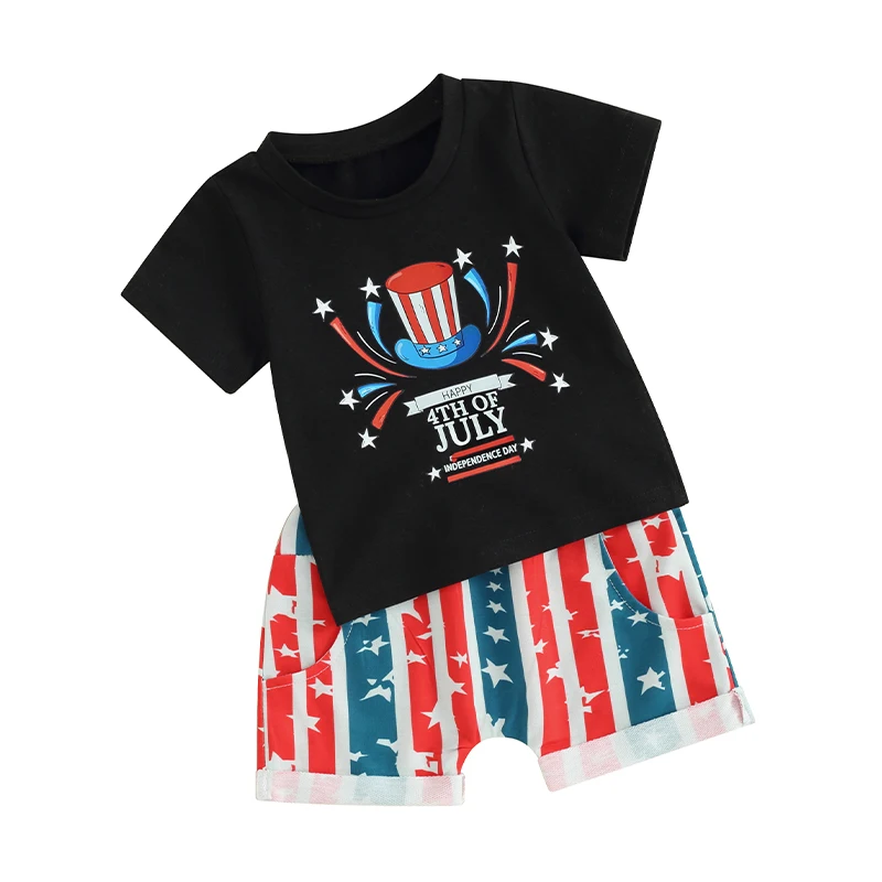 Baby Boy 4th of July Outfits Letter Print Short Sleeve T-Shirt Drawstring Shorts Fourth of July Summer Clothes Set