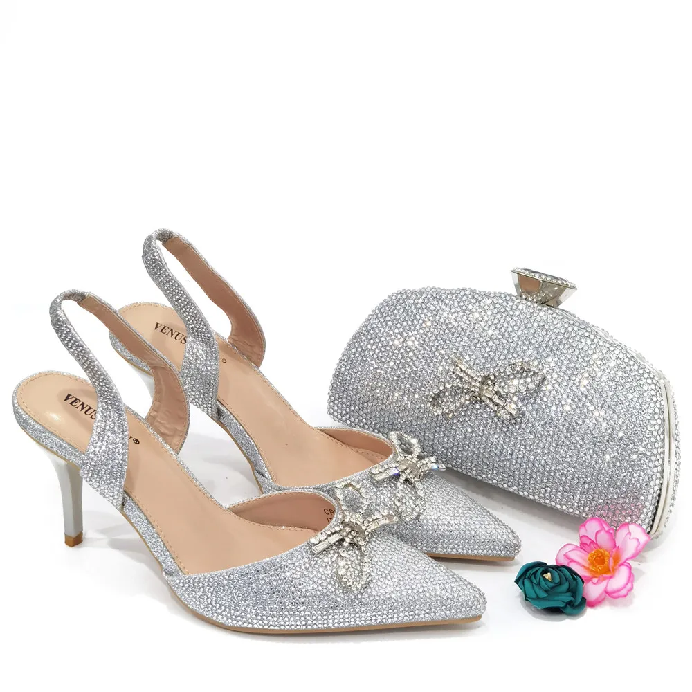 

Afrcian New Arrival Italian Design CR943-Silver Color Party Women Shoes and Bag Set With Special Colorful Crystal Decoration