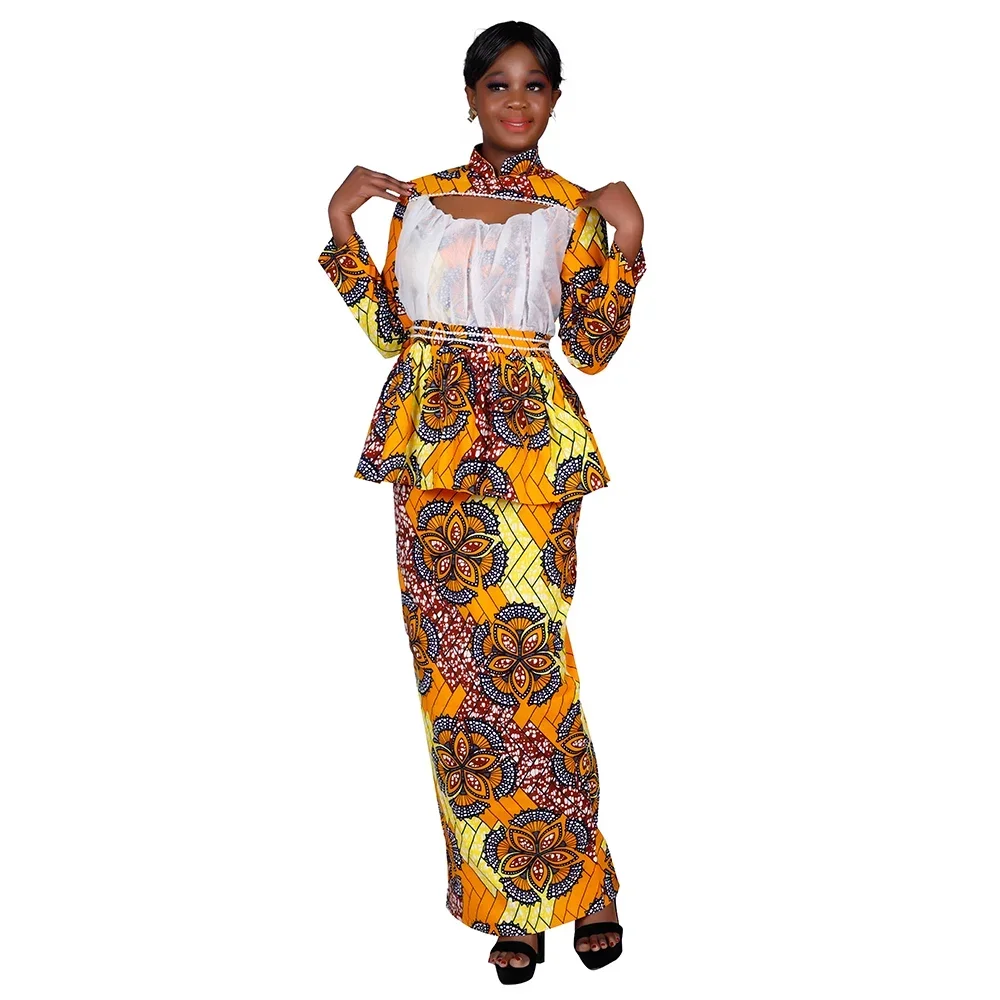 

Bintarealwax African Skirt Sets for Women Bazin Hollow Design Ankara Clothes Dashiki Flowers Traditional African Clothing WY9833