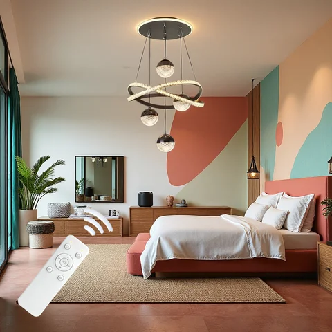 Modern LED Pendant Light with 4 Spherical Light Heads, Remote Control, Three Adjustable Light Colors, and Adjustable Height. Suitable for Above Dining Tables, Living Rooms, Bedrooms, and Home Offices.