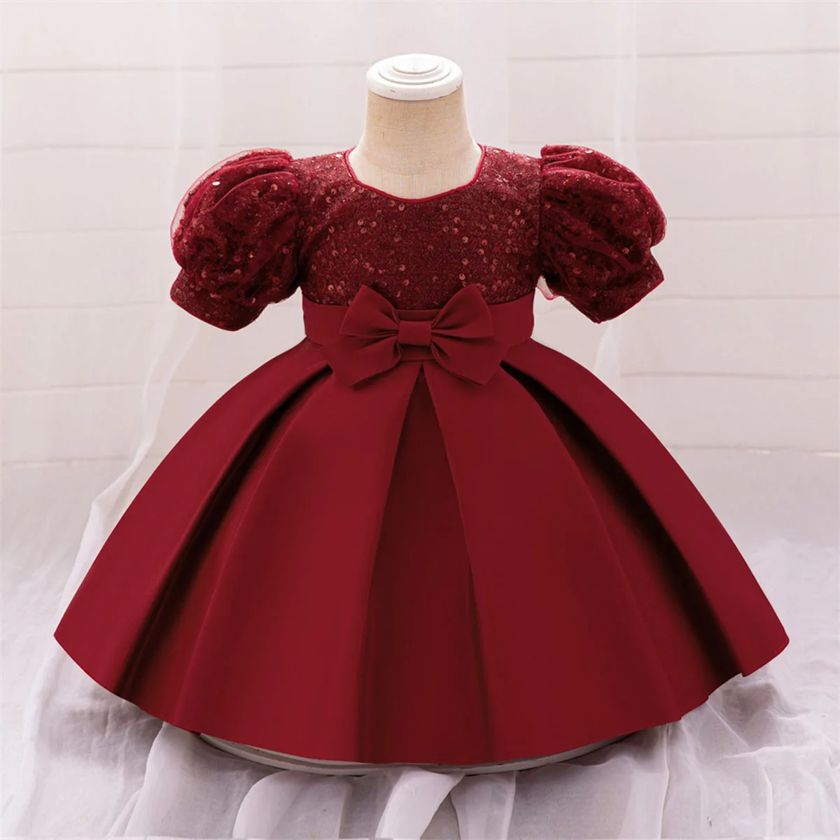 6M-4 Years Baby Toddler Puff Sleeves Flower Girl Birthday Party Graduation Ceremony Pageant Dress