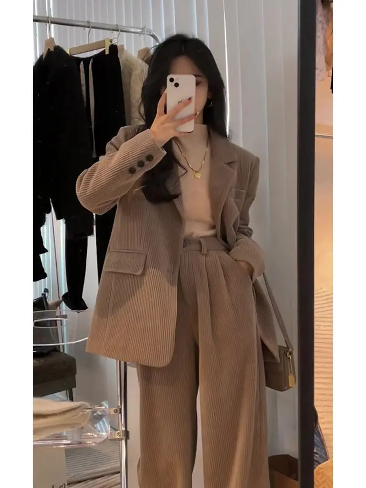 Woman\'s Autumn/winter British Style Short Blazer Coat Wide-leg Pant Set Retro Casual Solid Color Loose Suit Pants Two-piece