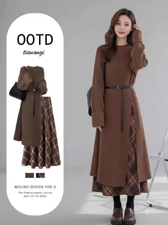 

Осенне-зимний женский вязаный свитер и клетчатая юбка, комплект из двух предметов с эффектом похудения, высококачественный ансамбль Faion