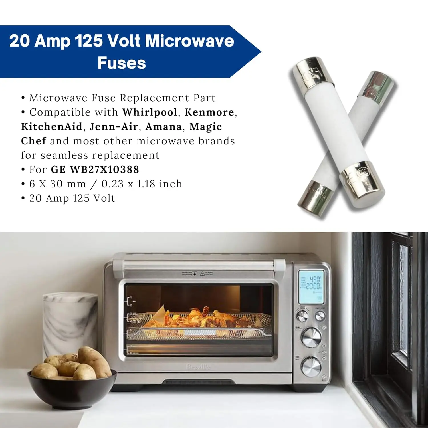10 عبوات من صمامات الميكروويف WB27X10388 20 أمبير 250 فولت سيراميك بطيئة النفخ 6 × 30 مم بديل عالمي لـ GE وWhirlpool، Kenmore