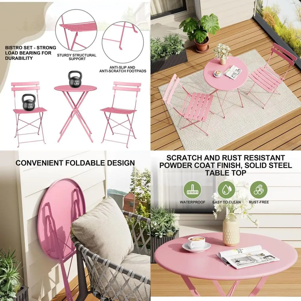 

Комплект уличной мебели для бистро из 3 предметов, устойчивый к непогоде, компактный, для балкона или сада, розовый