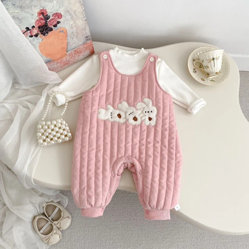 

2025 Winter Baby New Solid Color Cotton Soft Glutinous Bottom Shirt and Cute Rabbit Strap Pants Two Piece Set