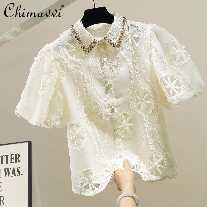 

Fashion Heavy Retro Lace Style Shirt 2026 Spring and Summer New Heavy Diamond Puff Sleeve Shirt Silm Elegant Short Blouse Tops