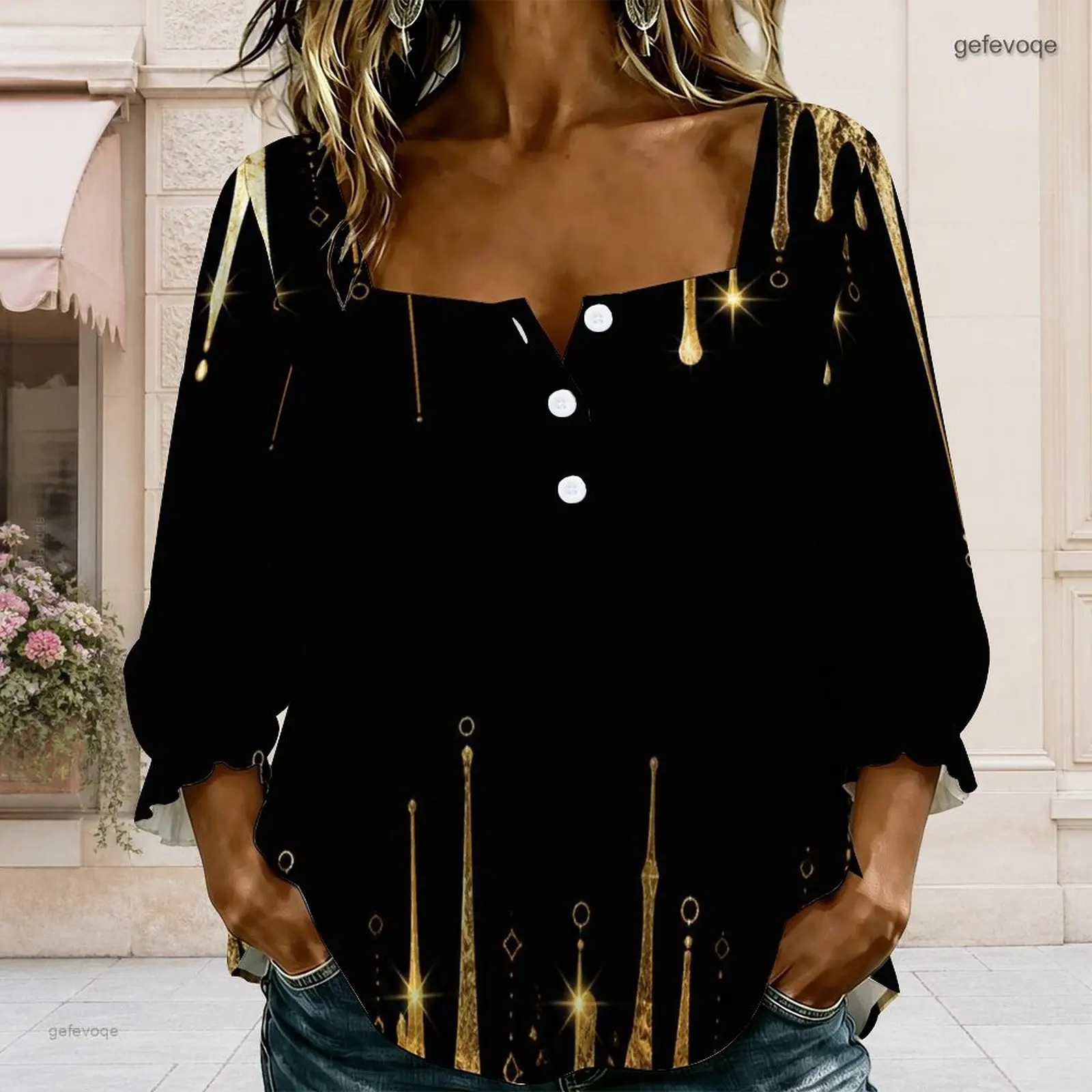 Women Printed Blouse Square Neck Button Detail Long Sleeve Ruffle Cuffs