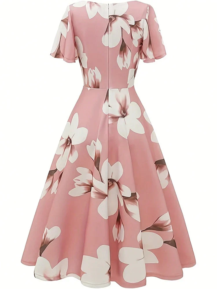 Bellissimo abito estivo con stampa floreale Abiti lunghi midi con maniche A-line Abiti da donna eleganti rosa Abbigliamento donna