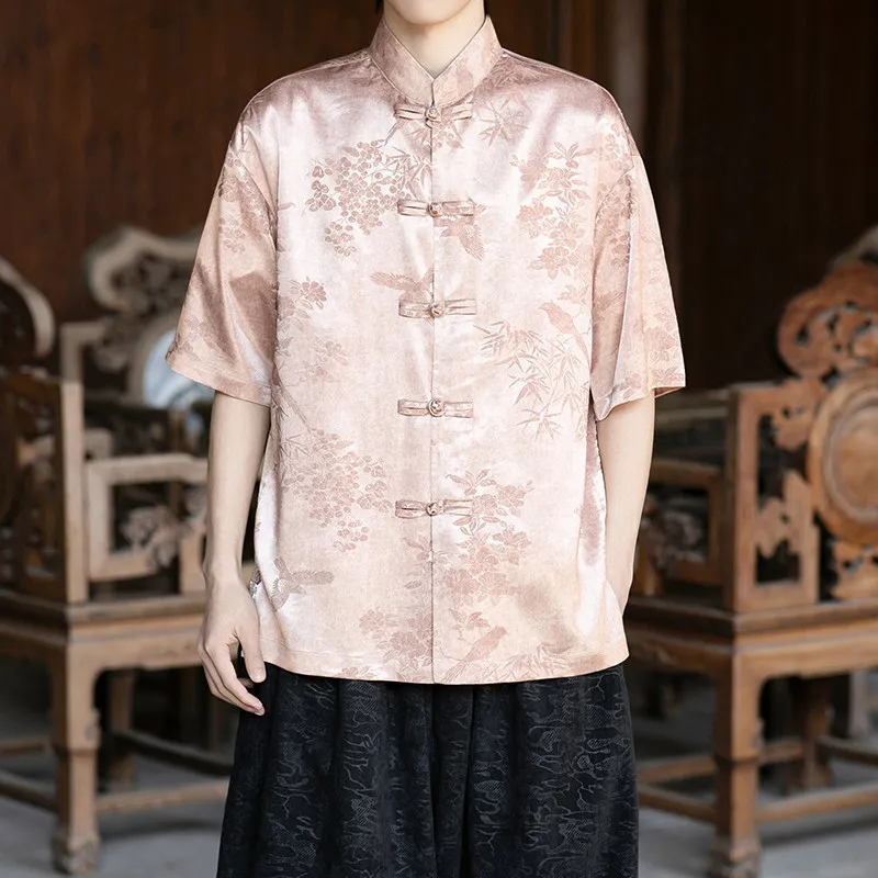 chemise-homme-col-mandarin-motif-jacquard-oiseaux-et-fleurs-boutons-grenouille-art-oriental-streetwear-Ete-coupe-ample-melange-satine-haut-homme
