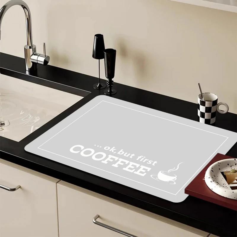 Light Grey First Coffee Letter Kitchen Drying Mat,Sink Side Counter,Coffee Machine Counter,Non Slip,Water Absorbent,Gift