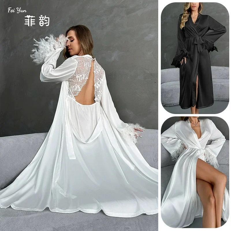 

Свадебный халат с перьями и рукавами, длинное кимоно, сексуальный женский халат с v-образным вырезом, кружевной лоскутный халат с открытой спиной, ночная рубашка