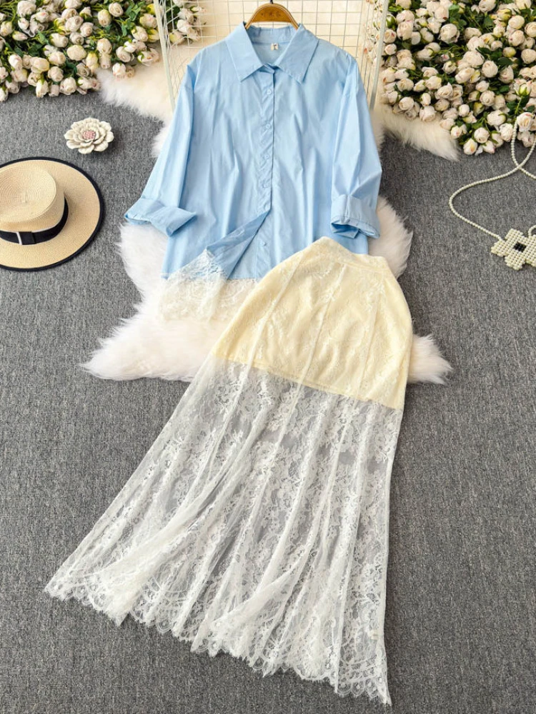 

Fashion suit women's spring 2025 new lace patchwork long sleeved shirt top+high waist slim skirt Two Piece Sets