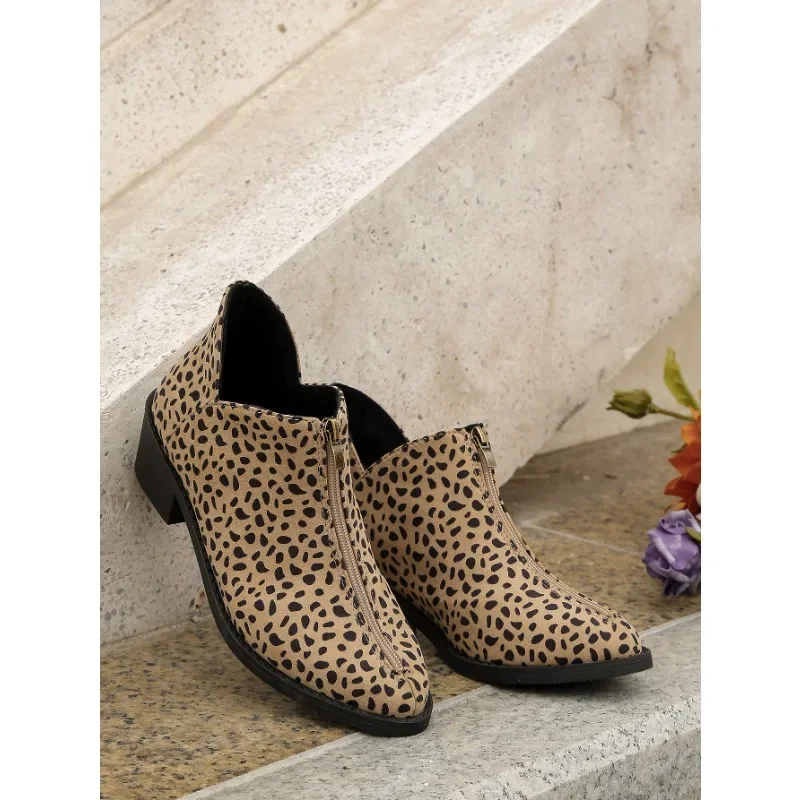 Autumn/Winter New Trade Women\'s Single Boot Large Leopard Print Front Zipper Square Heel Short Boots for Women Plus Size 42